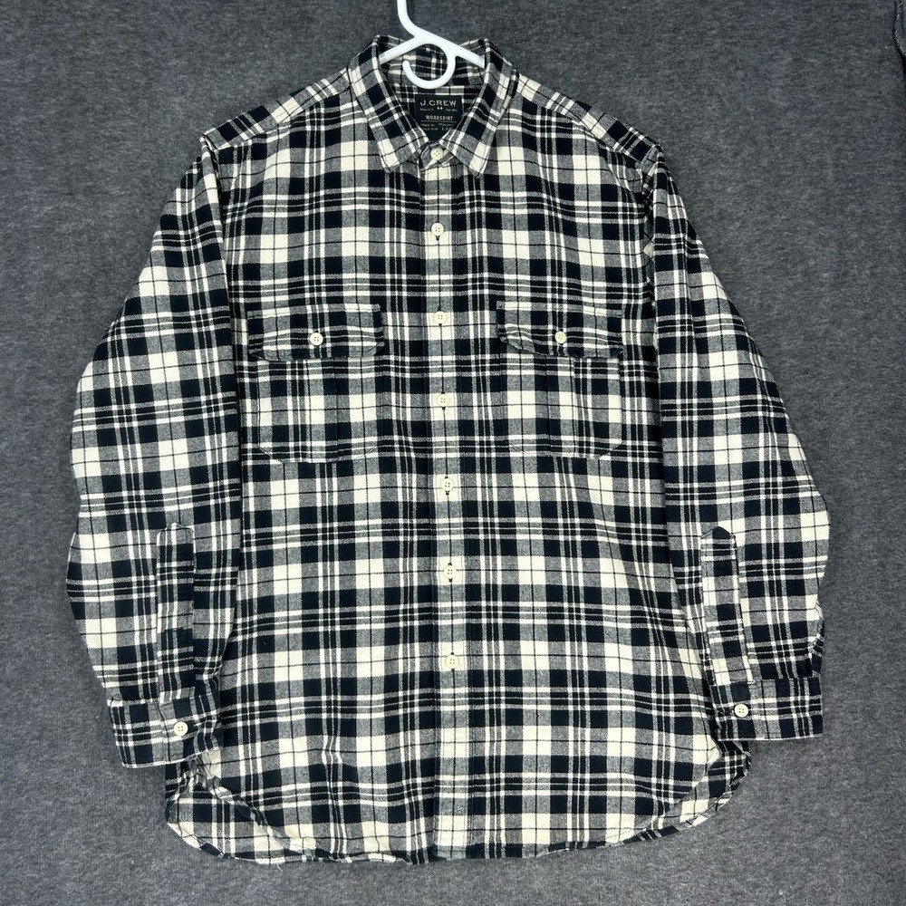 J. Crew Workshirt Mens Large Ivory black plaid Flannel Button Up Long Sleeve - Picture 3 of 12
